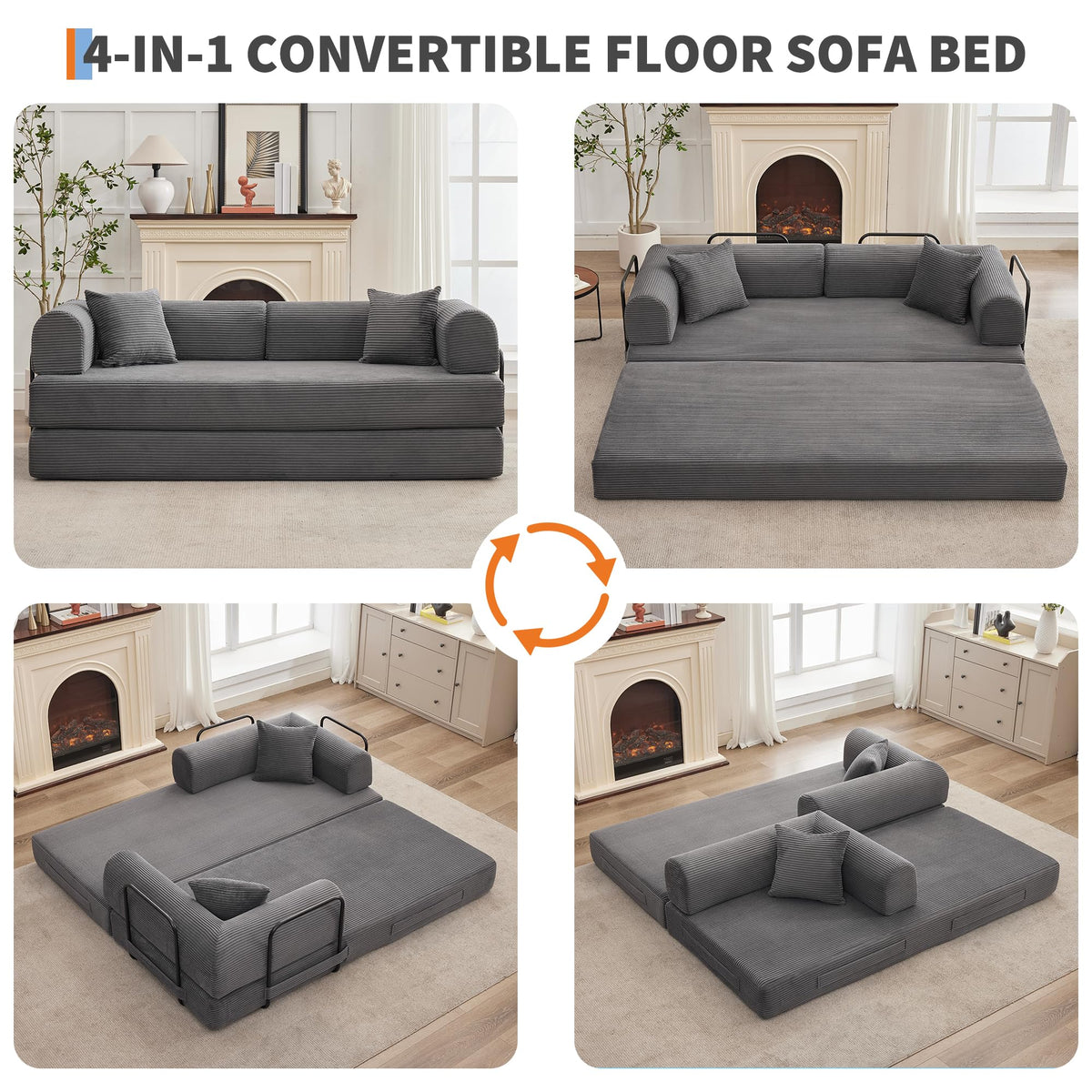IDEALHOUSE 4 in 1 Convertible Sleeper Sofa Bed Couch, 79 Inch Boneless Corduroy Floor Couch with Pillows, No Assembly, Modern Deep Seat Sofa Futon Mattress for Living Room,Apartment,Gray