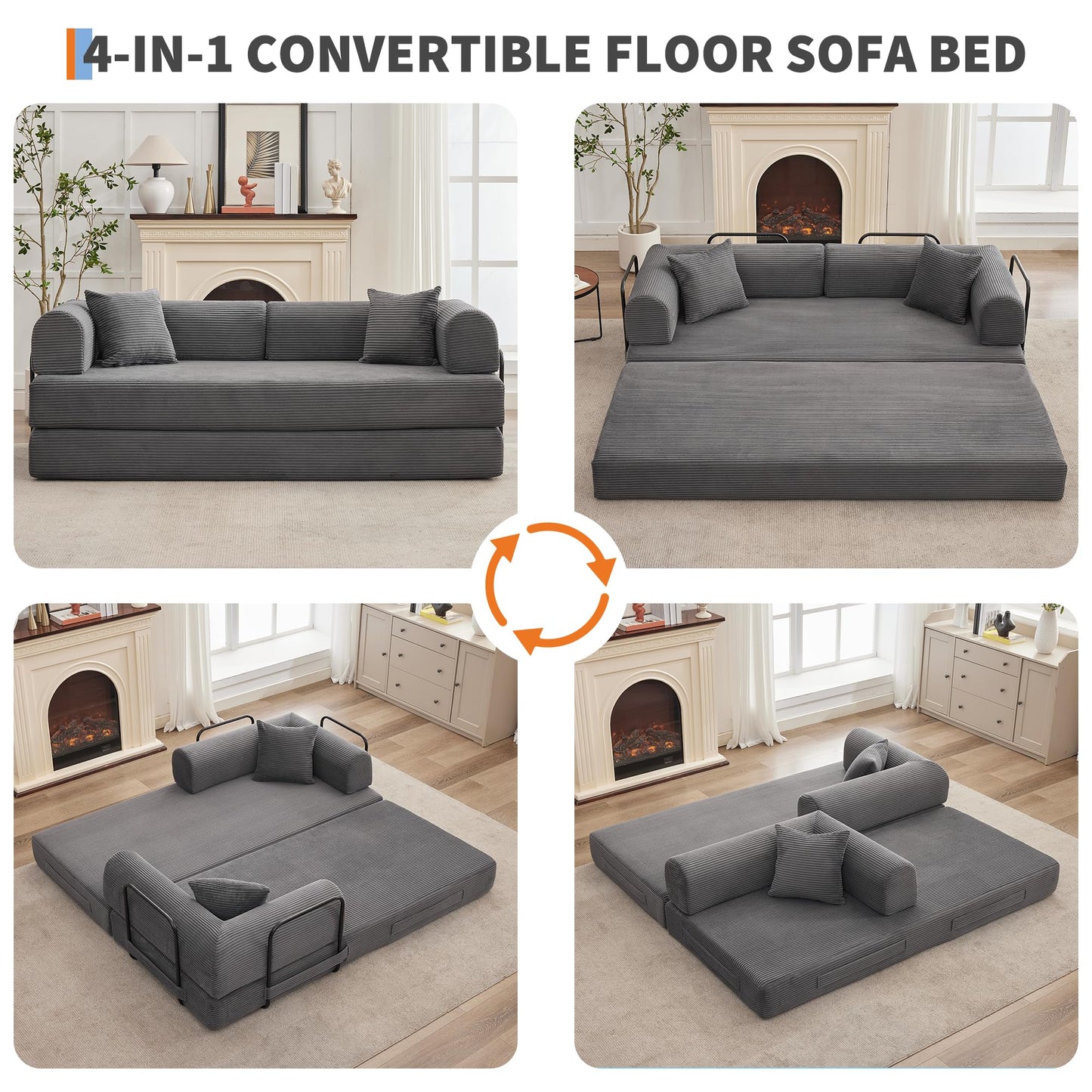 4 in 1 Convertible Sleeper Sofa Bed, 78.7" Boneless Corduroy Floor Couch with Pillows, Folding Futon Loveseat, Deep Seat Pull Out Sofa for Living Room, Apartment, Bedroom, No Assembly Required, Gray