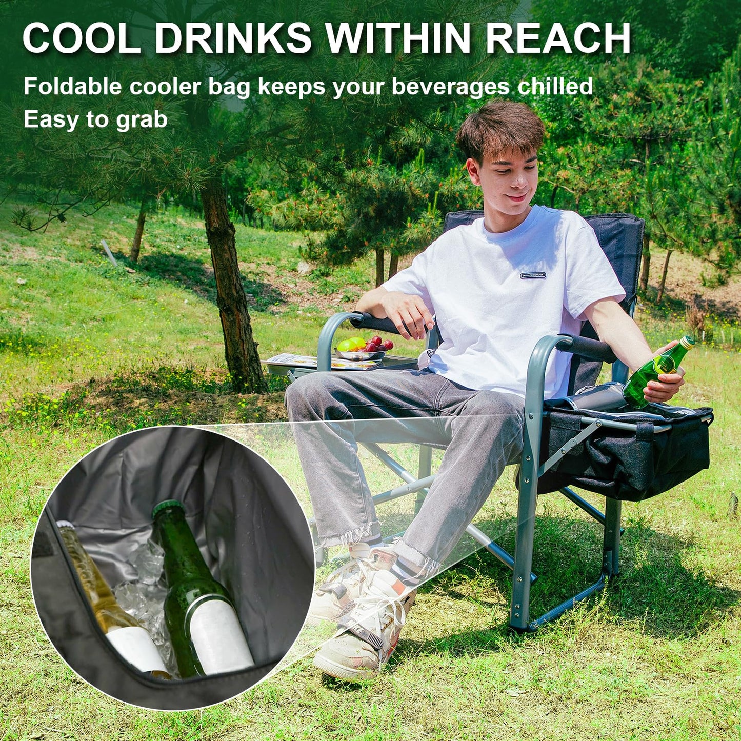 KingCamp XXL Oversized Directors Chair with Side Table, Folding Camping Chairs Heavy Duty 600lbs with Cooler Bag, Portable Camp Chair with Wide Seat for Hiking Fishing Lawn Outdoor and Sports