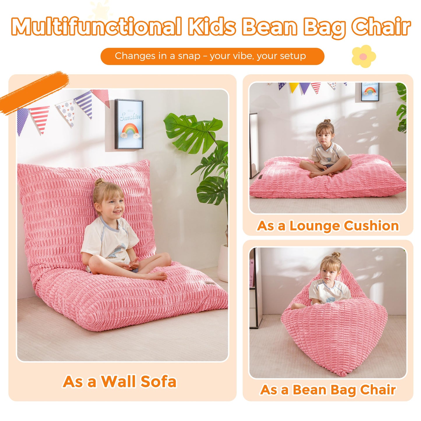 MAXYOYO Kids Bean Bag Chair, 3 in 1 Convertible Bean Bag Sofa with Removable Cover for Children, Soft Floor Lounger with Supportive Shredded Foam Filling, Floor Cushion Chair for Living Room, Playroom