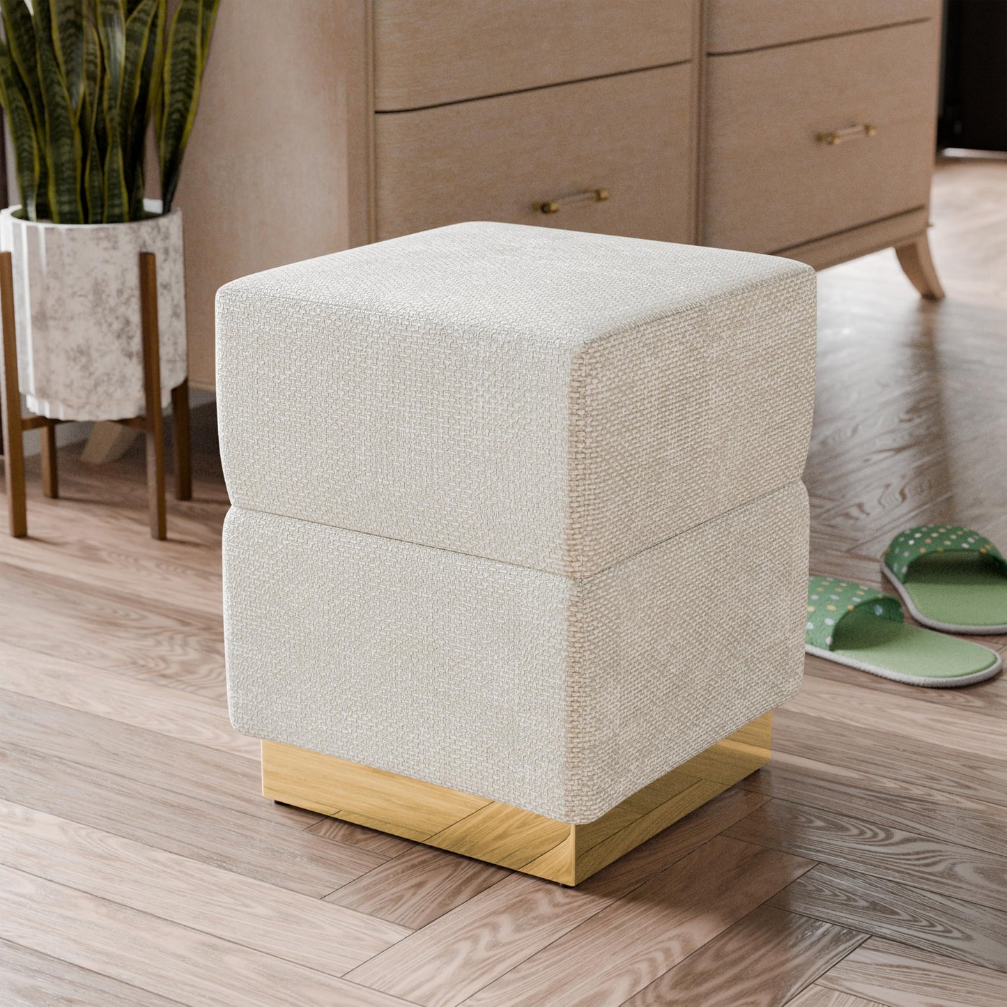 Furniture of America Renzo Modern 15-inch Chenille Cube Ottoman with Storage Compartment and Stainless Steel Base, Vanity Stool Chair, Small Foot Stool for Bedroom, Living Room, Entryway, Beige