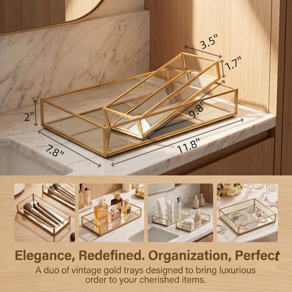 Lyellfe 2 Pack Perfume Trays, Gold Vanity Tray, Decorative Gold Mirror Tray, Non Slip Rectangular Perfume Tray, Jewelry, Bathroom