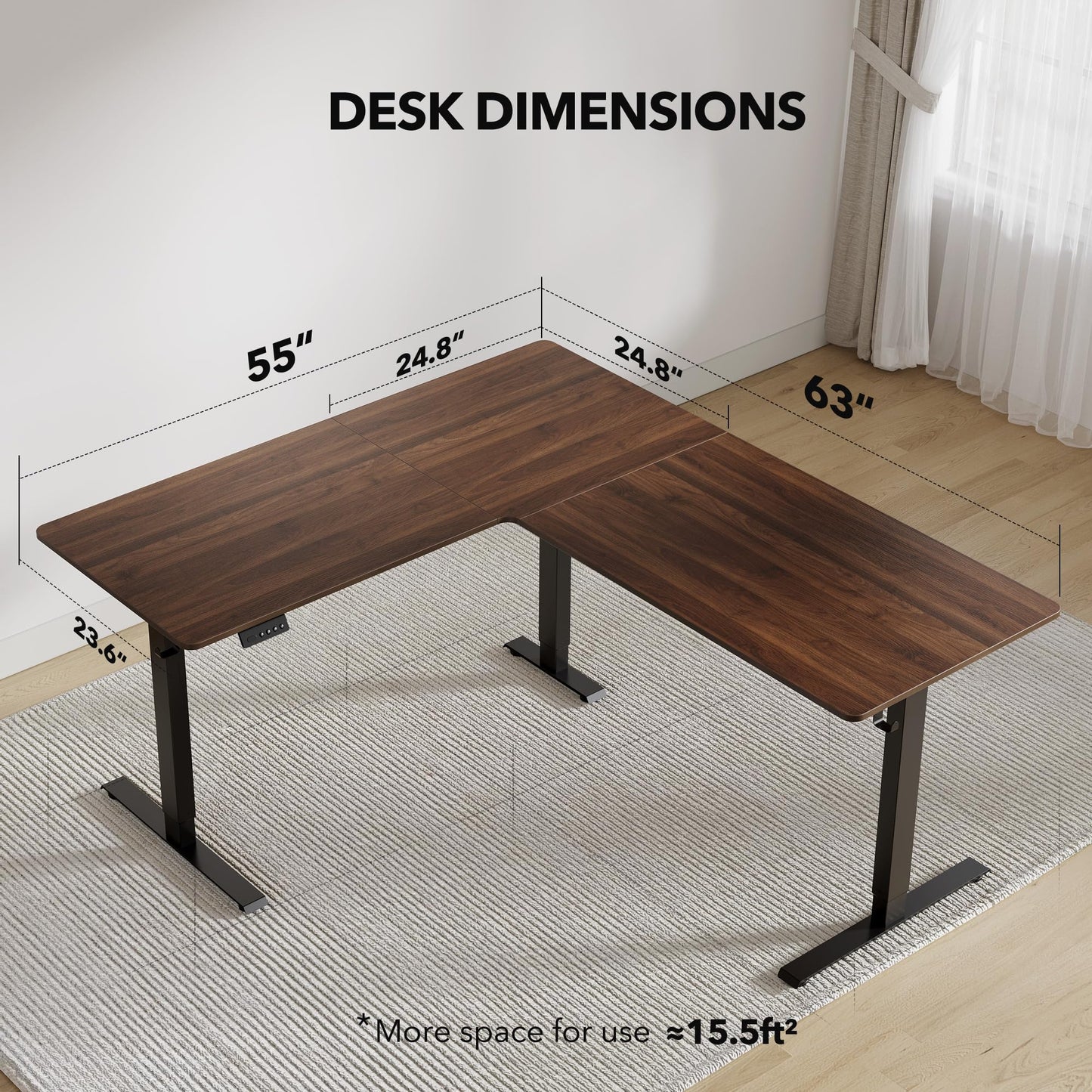 FEZIBO 63" x 55"L Shaped Standing Desk Adjustable Height, 63 Inch Electric Stand up Corner Computer Desk, Sit Stand Home Office Desk with Splice Board, Black Frame/Black Walnut Top