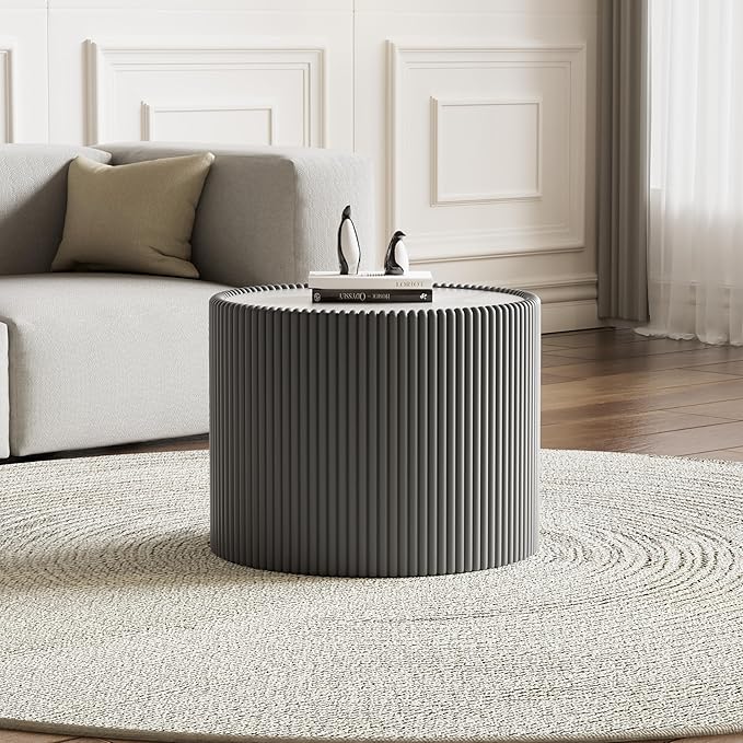 SSLine Round Drum Coffee Table Modern Sintered Stone Top Side End Table in Grey