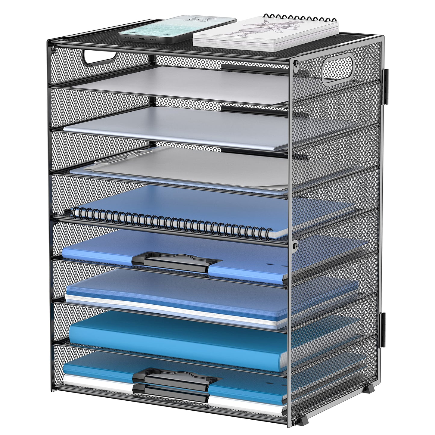 DALTACK 9-Tier Paper Organizer for Desk, Mesh Letter Tray Desk Organizer with Handles, Space-Saving File Organizer for Office Home School Classroom, Black