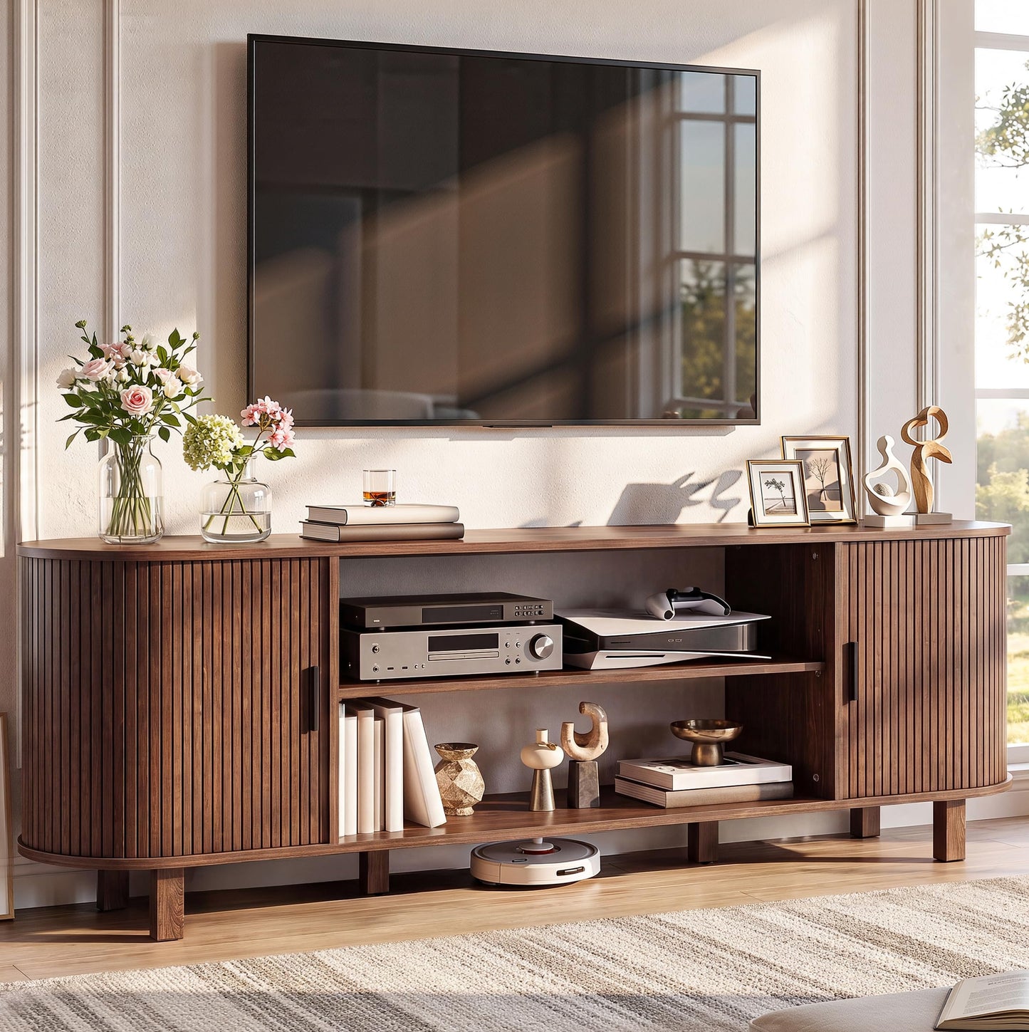 YITAHOME Mid Century Modern TV Stand, 70 inch Entertainment Center with Storage and Fluted Sliding Doors, Adjustable Shelves Media Console for 75 Inch TV, TV Stands for Living Room, Walnut