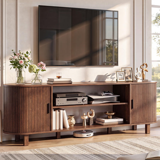YITAHOME Mid Century Modern TV Stand, 70 inch Entertainment Center with Storage and Fluted Sliding Doors, Adjustable Shelves Media Console for 75 Inch TV, TV Stands for Living Room, Walnut