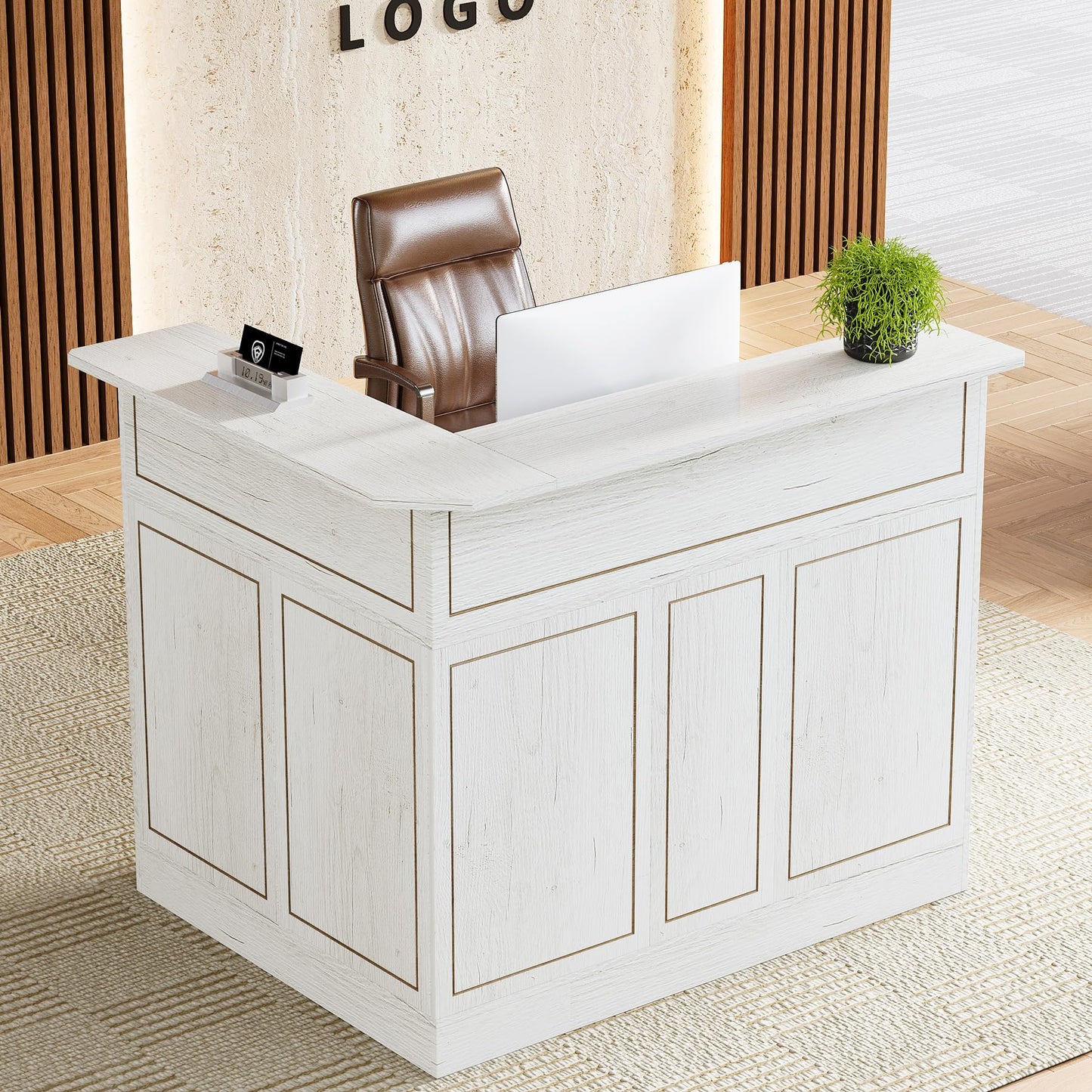 Tribesigns Reception Desk with Storage Shelves, L-Shaped Modern Front Desk, Reception Counter Table for Small Office, Salon, Checkout, White