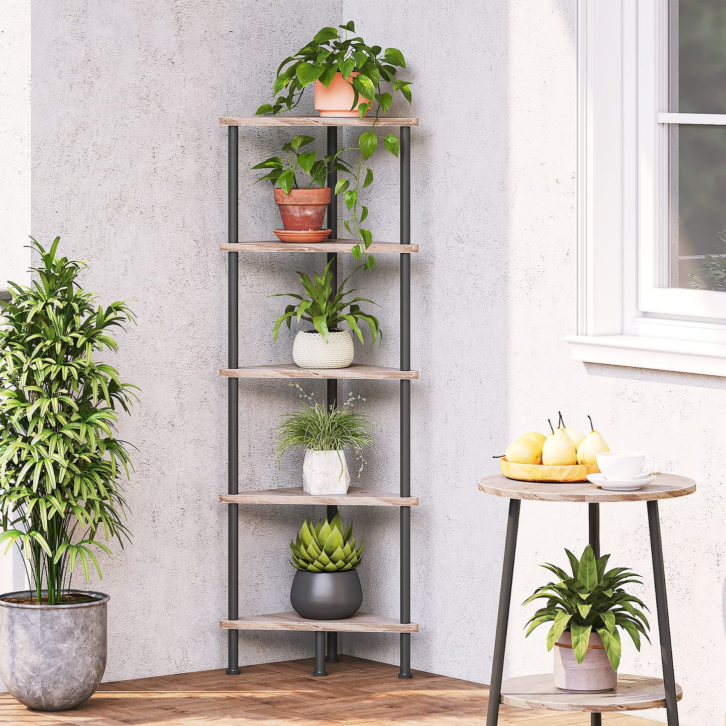 HOOBRO Corner Shelf Stand, Industrial 5-Tier Corner Bookshelf with Metal Frame, Corner Shelf Stand Display Plant Flower, Corner Bookcase for Small Spaces, Living Room, Greige and Black BG33CJ01