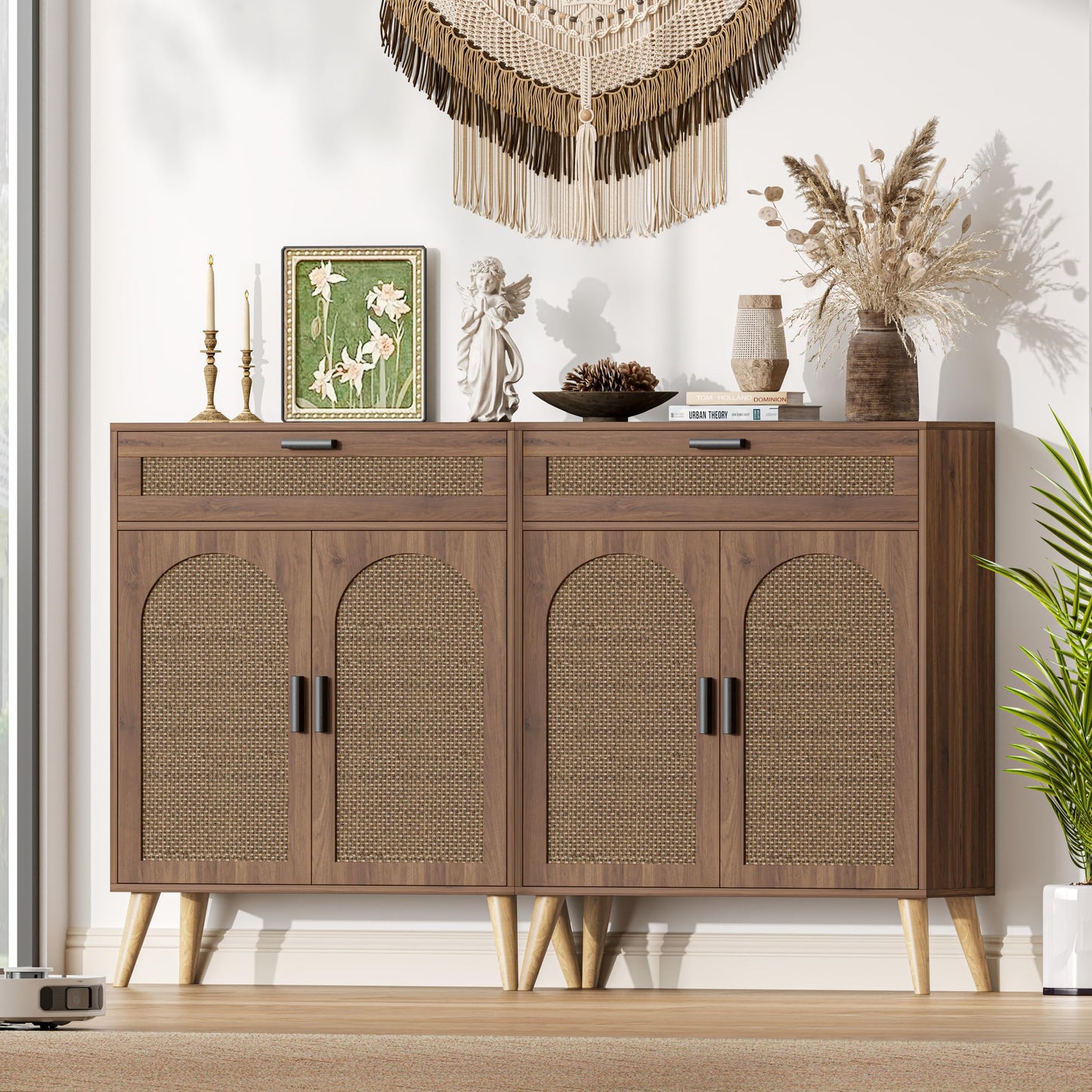Kaiershi Rattan Buffet Cabinet with Storage, Sideboard with Drawer & Adjustable Shelf, Accent Kitchen Floor Storage Cabinet with 2 Doors & Solid Wood Feet, Coffee Bar for Living Room, Entryway, Walnut