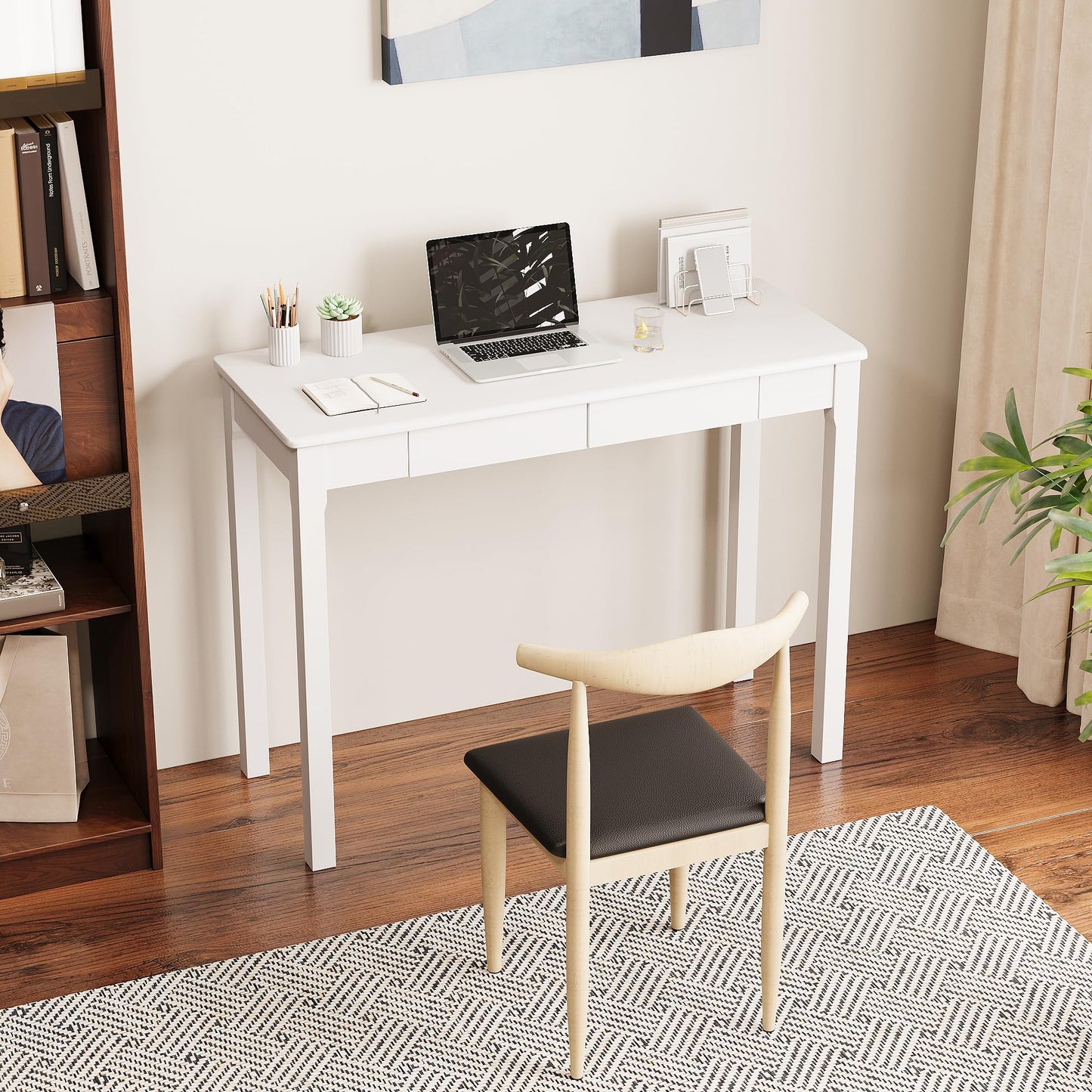 Love-KNPTUS Solid Wood Desk with Drawers - 39" Narrow Desks for Small Spaces, Mid Century Modern Desks, Small Wooden Vintage Computer Writing Desk, Study Table for Home Office Bedroom, White