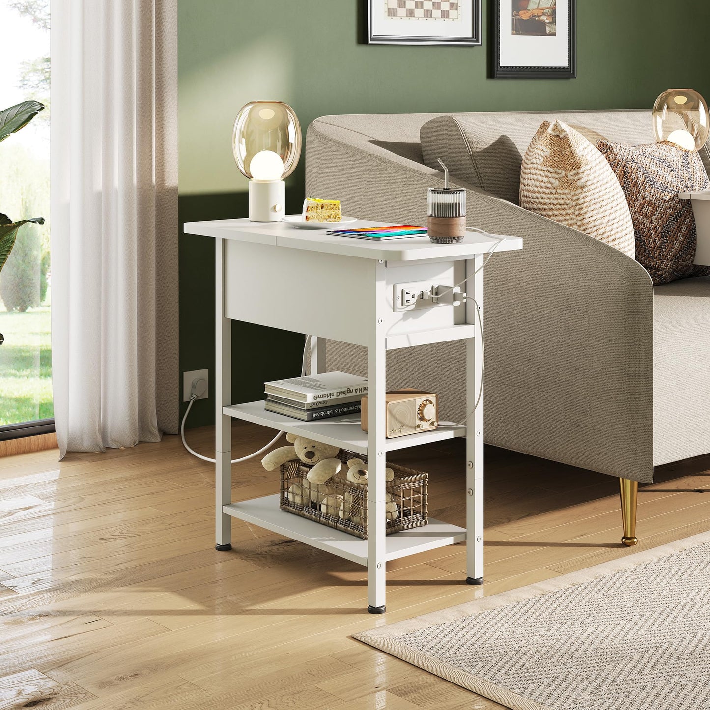 WLIVE End Table with Charging Station, Flip Top Side Table with Storage Shelf, Sofa Couch Table with USB Ports and Outlets, Narrow Bedside Table for Living Room, Bedroom ,11.81"D x 23.62"W x 24.33"H