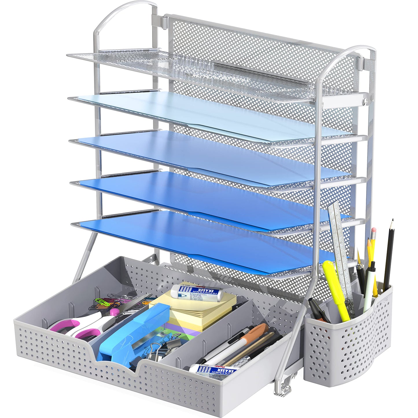 Simple Houseware 6-Tier Desk Document File Tray Organizer with Sliding Drawer, Silver
