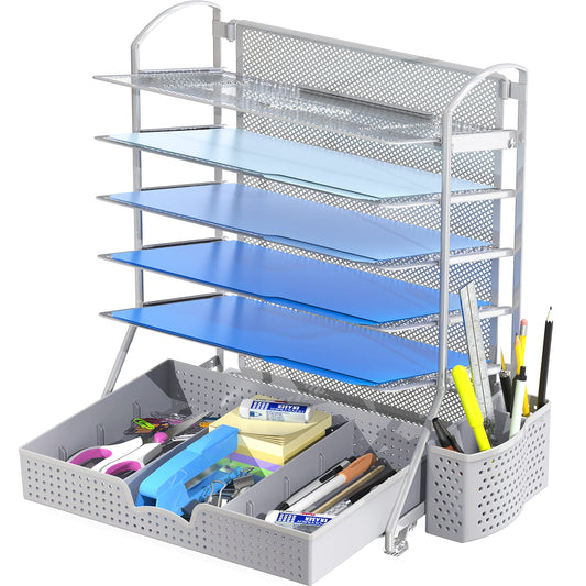 Simple Houseware 6-Tier Desk Document File Tray Organizer with Sliding Drawer, Silver