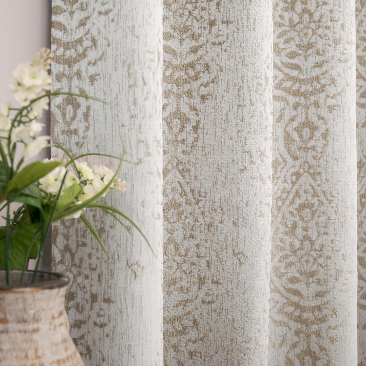 Mrs.Naturall 108 Inch 9FT Farmhouse Room Darkening Curtains, Damask Jacquard Luxury Grommet Drapes for Living Room Bedroom, 2 Panels Set, 9 FT Length 52'' L x 108'' W, Taupe Grey