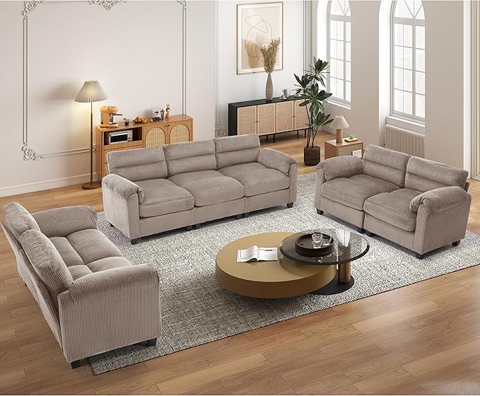 HAOMARKETS Corduroy Sofa Set, Two Upholstered Loveseat, and 3-Seater Couch