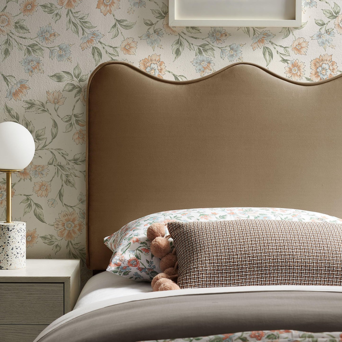 Monday Athena Twin Size Performance Velvet Adjustable Headboard in Taupe - with Scalloped Wave Design and Stain-Resistant Velvet Upholstery