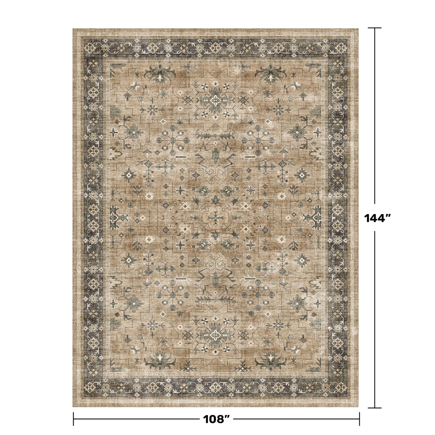 Warm Taupe Sage 9x12 Living Room Rug - Vintage Extra Large Area Rugs for Dining Room Under Table, Washable Low Pile Carpet for Bedroom Under the Bed, Non-Slip Stain & Fade Resistant