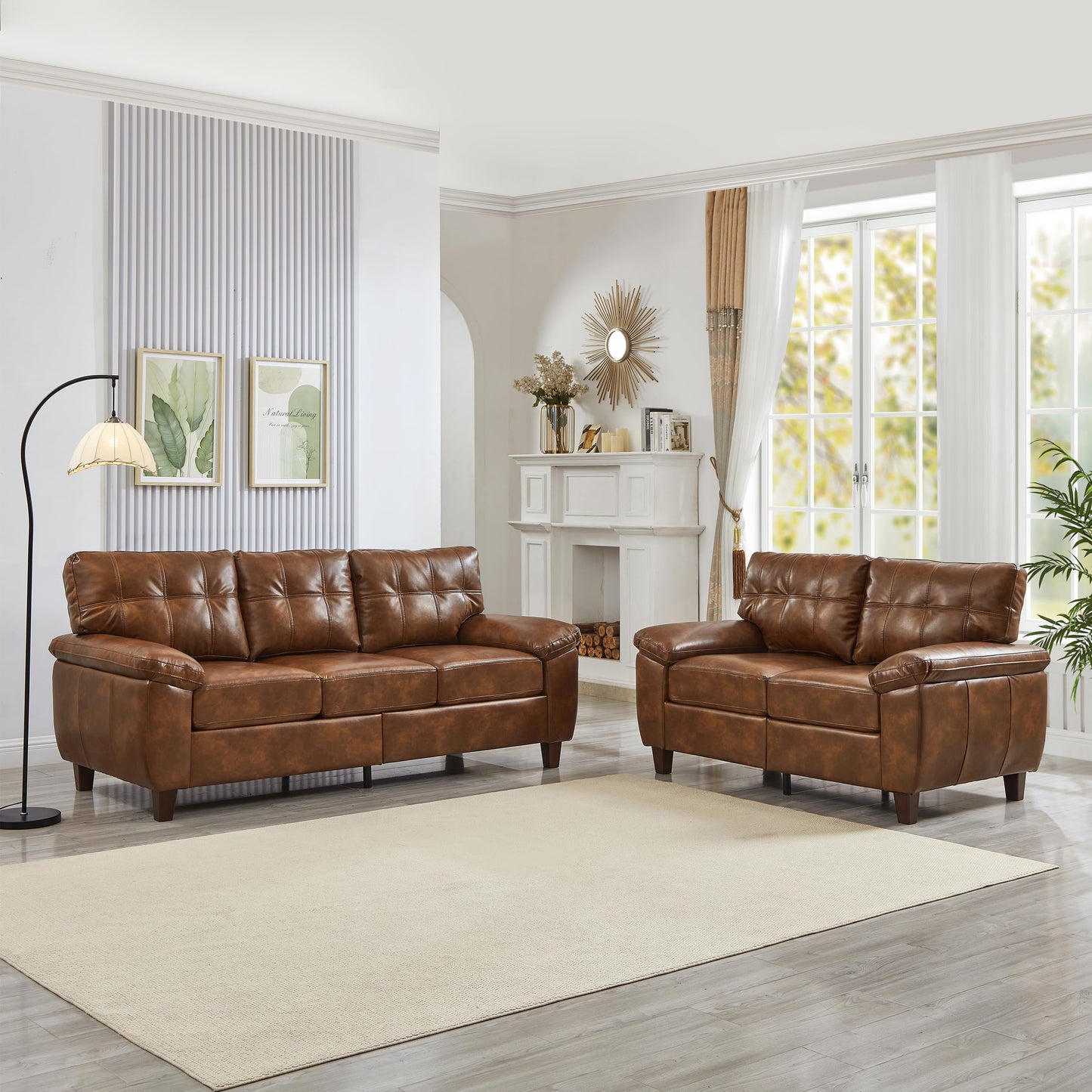 KEIKI 138" Modern PU Leather Living Room Sofa with Storage, Sofa Set with Loveseat and Three Seat Couch, Wide Armrest Tufted Cushion Comfortable Spring Seating for Living Room Apartment Lounge, Brown