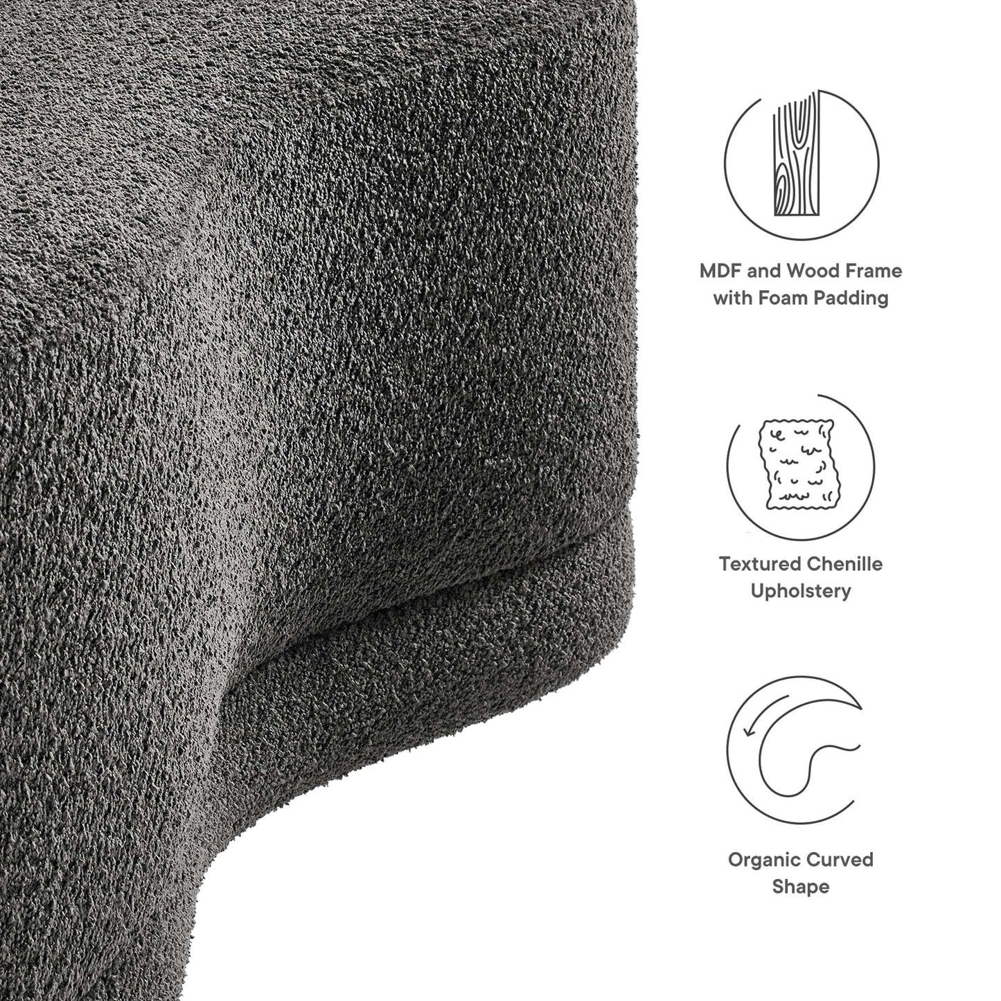 Modway Nimbus 48 Inch Curved Ottoman Bench in Cast Slate - Soft Fabric Chenille Ottoman - Versatile Bedroom Bench - Bouclé Footstool - Upholstered Coffee Table - Bedroom and Living Room Furniture