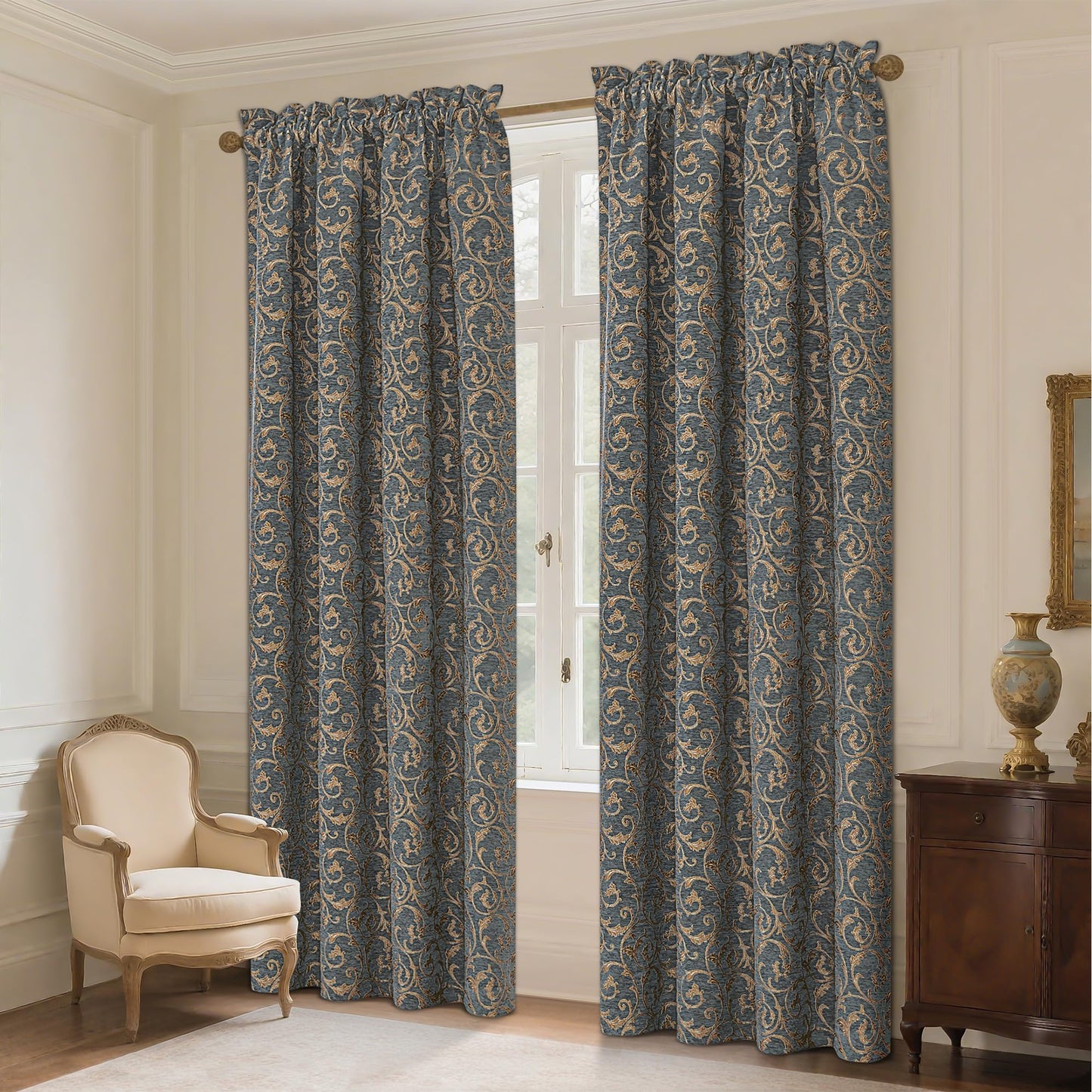 Loom and Mill Elegant Damask Window Curtain Panels for Bedroom Living Room, Classic Acanthus Chenille Jacquard Curtains 84 inches Long with Lining and Matching Tiebacks, Rod Pocket(2 Panels, 52x84)