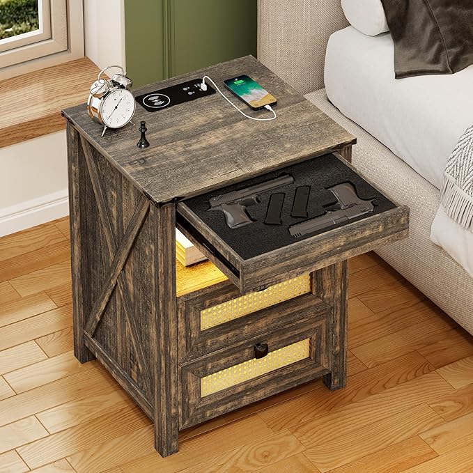 Farmhouse Night Stand with Gun Drawer, Bedside Table with Charger Station