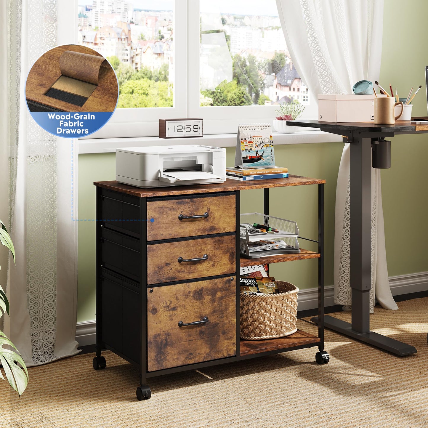 DEVAISE 3 Drawer Mobile File Cabinet, Rolling Printer Stand with Open Storage Shelf, Fabric Lateral Filing Cabinet fits A4 or Letter Size for Home Office, Rustic Brown Wood Grain Print