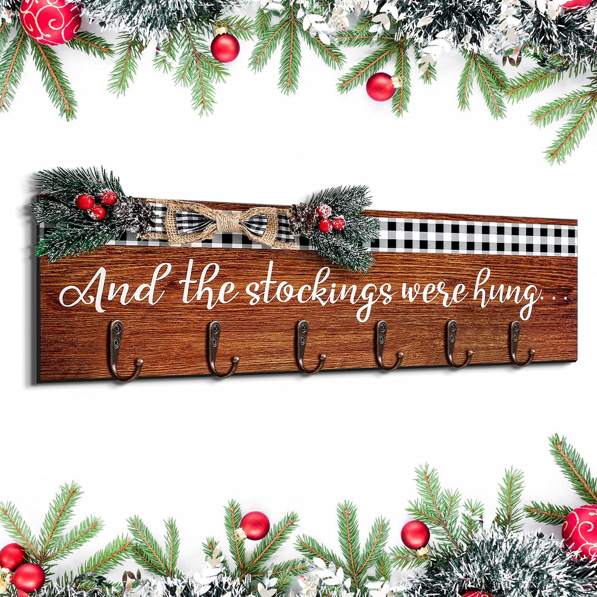 Christmas Stocking Holder with 6 Hangers The Stockings were Hung Wooden Sign Xmas Wall Hanging Sign Wall Mount Hook Holder Decorative Wood Stocking Hanger for Mantle(Retro Style)