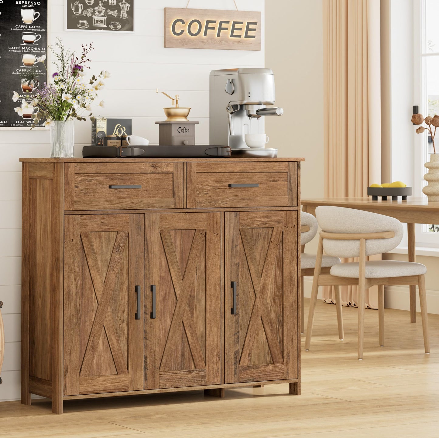 Homhedy Sideboard Buffet Cabinet, Coffee Bar Storage Cabinet with Drawers and Doors, Farmhouse Kitchen Cabinet with Adjustable Shelves, for Kitchen, Dining Room, Living Room, Rustic Walnut