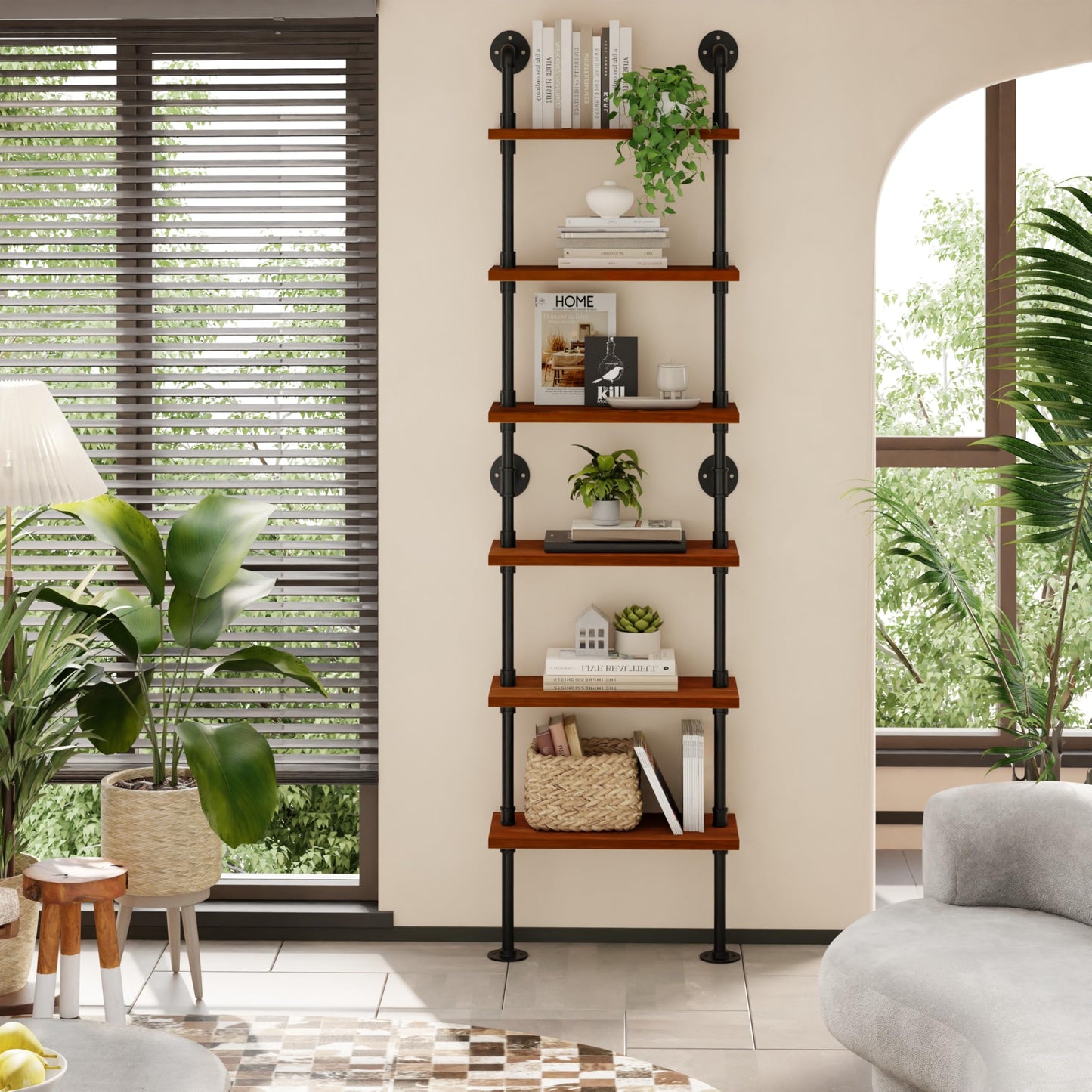 Anynice Industrial Ladder Pipe Shelves, Wall Mounted Rustic Bookshelf, Retro Metal Wood Bookcases (Walnut, 6 Tier - 10" D x 24" W x 82.5" H)