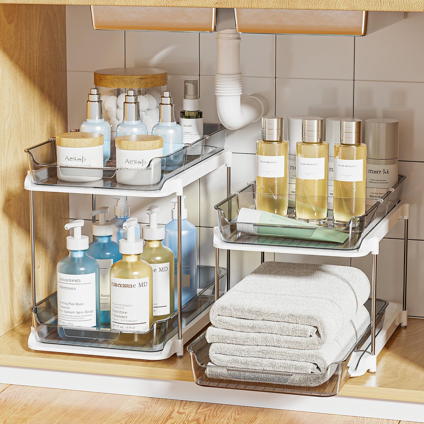 Delamu 2-Tier Multi-Purpose Bathroom Under Sink Organizers and Storage, Stackable Kitchen Pantry Organization, Pull Out Medicine Cabinet Organizer with Movable Dividers, Grey, 2 Pack