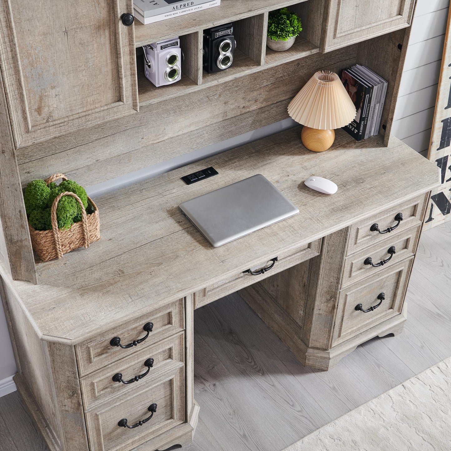 T4TREAM 59" Farmhouse Executive Desk with Hutch,Wood Home Office Computer Desk, Featuring Keyboard Tray,Charging Station,File Drawer, Storage Cabinet,for Work and Study (Light Rustic Oak)