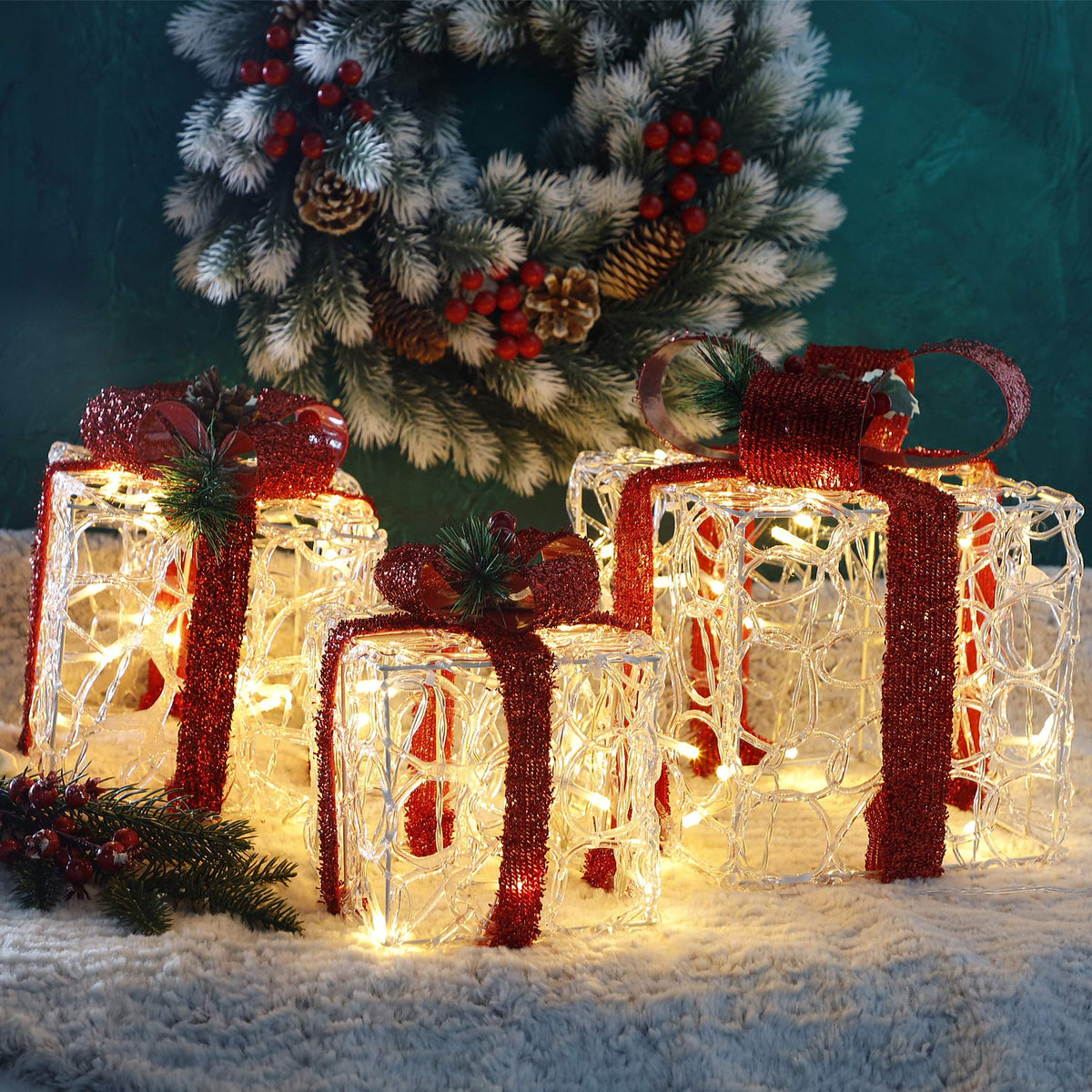 ATDAWN Set of 3 Lighted Gift Boxes Christmas Decorations, Clear Acrylic Present Boxes, Christmas Home Gift Box Decorations