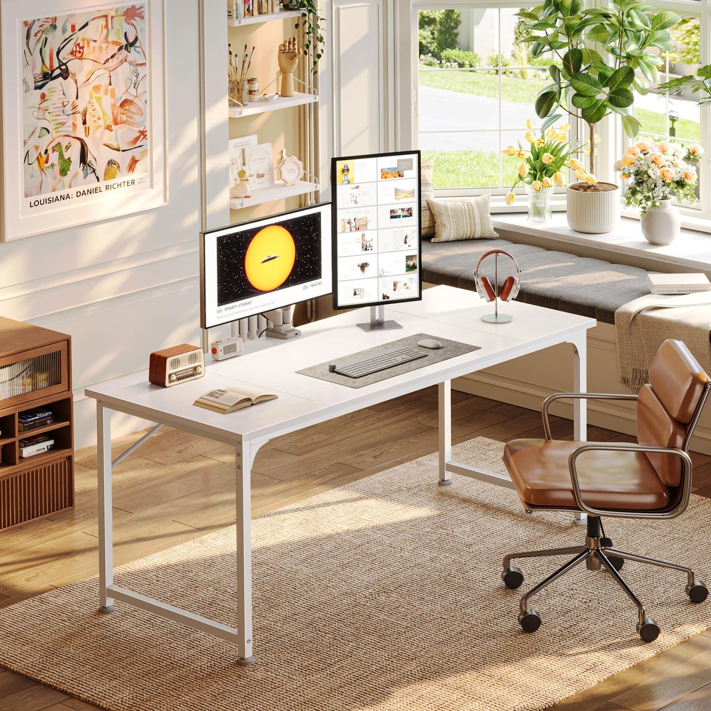PRAISUN 55 Inch Computer Desk, Home Office Desk with Spacious Desktop, Modern Gaming Desk, Writing Study Table for Bedroom, Small Spaces, Work from Home Desk with Metal Frame, White