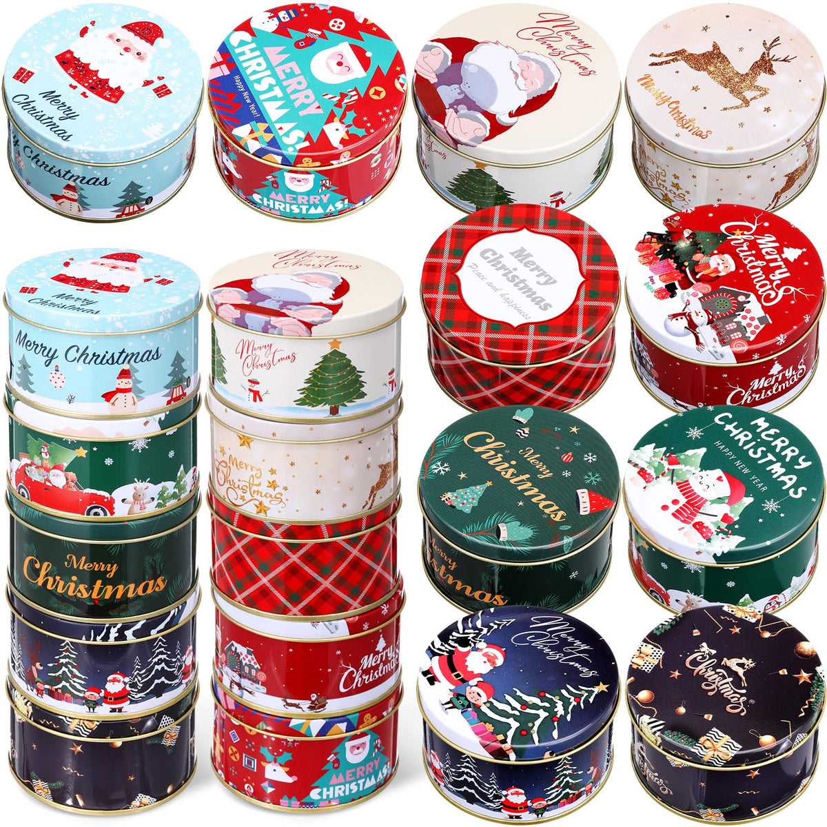 Acellegic 20 Pcs Christmas Cookie Tins with Lids for Gift Giving Small Xmas Tin Containers Round Iron Christmas Tins Empty Cookie Jar for Gift Giving Holiday Party Favors