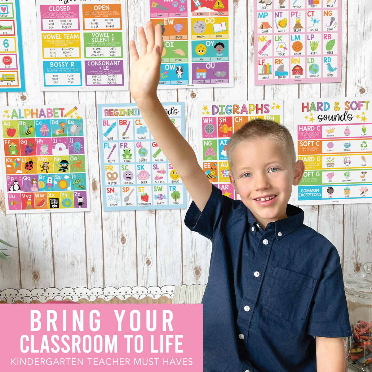 Hadley Designs Phonics Posters for Classroom Must Haves - 9 Sound Wall for Kindergarten & Elementary Teacher Supplies, Syllable, Vowels, Digraphs & Blends Bulletin Board Set, Rainbow Classrom Decor