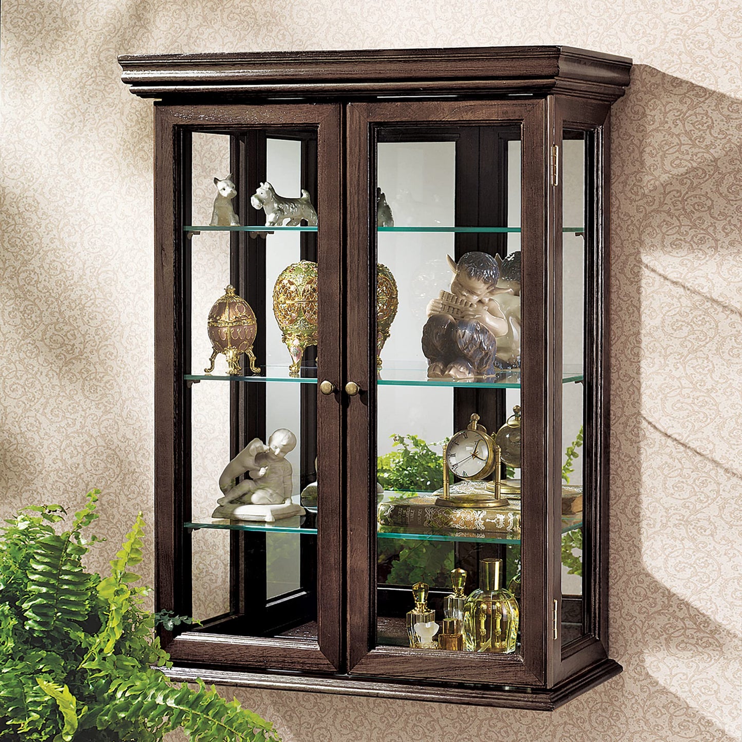 Design Toscano BN2430 Country Tuscan Wall Curio Display and Storage Cabinet, 26 Inches Tall, Wood Case with Glass Shelves and Doors and a Mirrored Back, Walnut Brown Finish