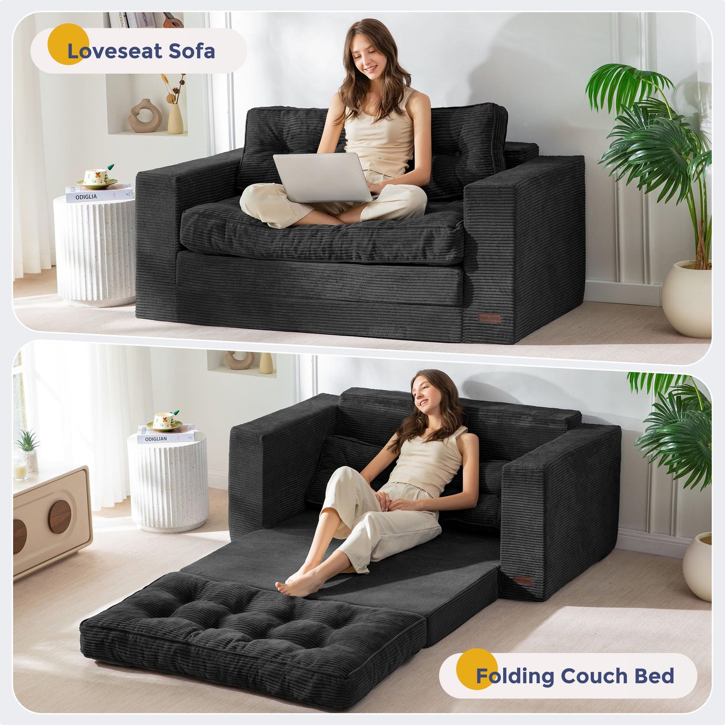 MAXYOYO Convertible Sofa Bed, Pull Out Loveseat Sofa Couch, 2 in 1 Folding Couch Bed, Fold Out Floor Couch with Pillows for Living Room Bedroom Lounge, Black