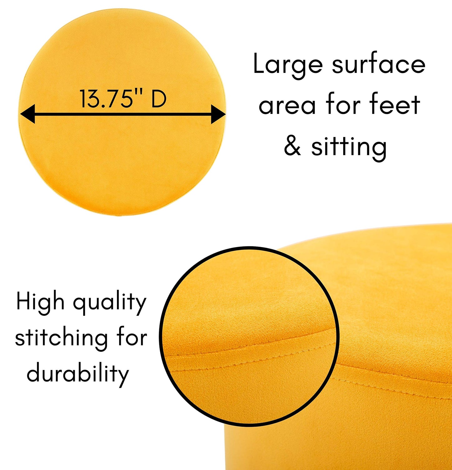 BIRDROCK HOME Round Ottoman Foot Stool – Modern Soft Padded Velvet Vanity Chair with Silver Metal Trim – Accent Chair or Foot Rest for Living Room, Bedroom, or Dressing Room (Yellow)