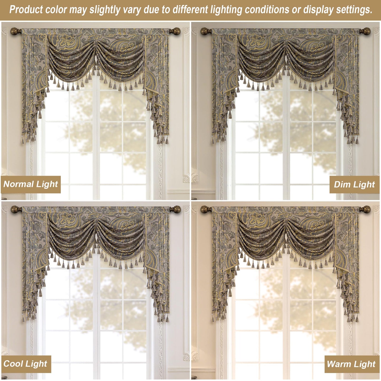 Loom and Mill European Antique Waterfall Valance for Living Room, Luxury Jacquard Damask Swag Valances with Tassels, Taupe Gold Swag Curtains for Bedroom Window Holiday Decor(W59 Inch,1 Panel)