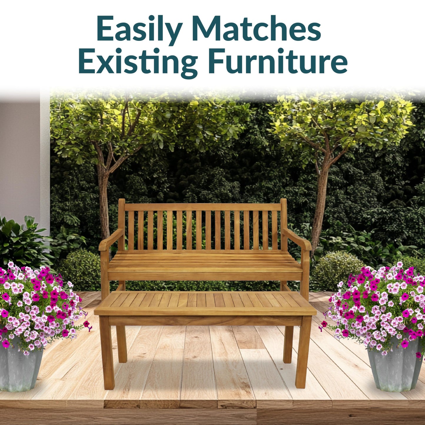 Sunnydaze Teak Mission Style 2-Person Outdoor Bench and Outdoor Coffee Table