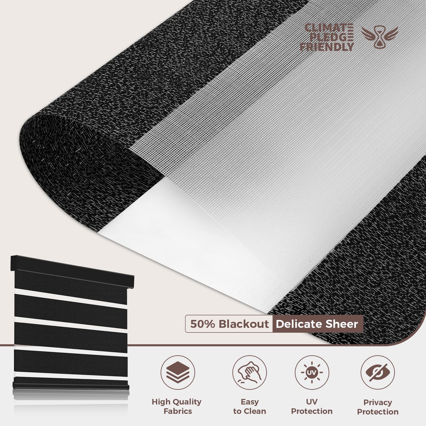 Allesin zen Cordless Zebra Blinds 22" W x 48" H Black, Dual Layer Day and Night Shades, Room Darkening Blackout & UV Protection, Child & Pet Safe, Easy Install, Home Office Window Treatment