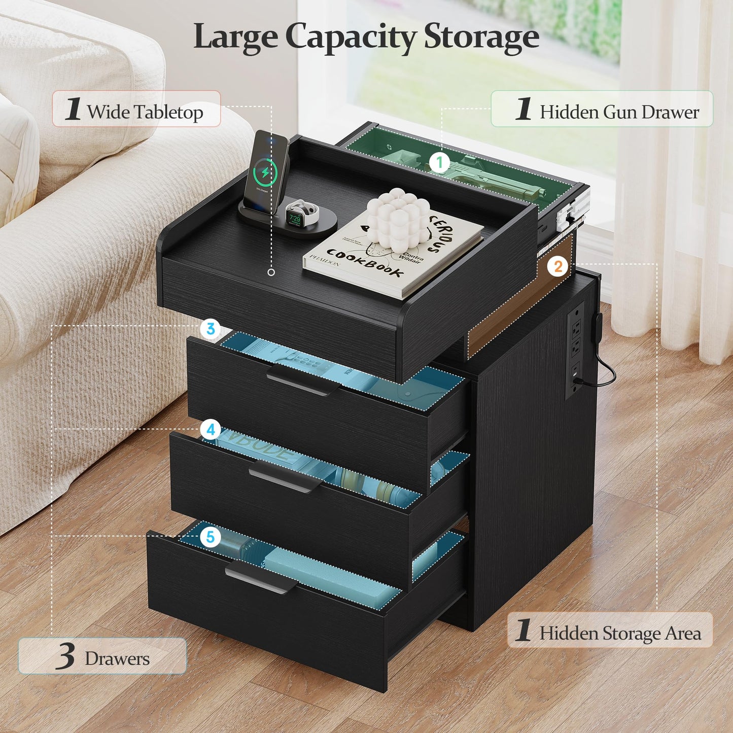 Turosur Night Stand with Gun Drawer, LED Nightstand with Charging Station, Wood Bedside Table with Hidden Storage and 3 Drawers for Bedroom, Modern Black