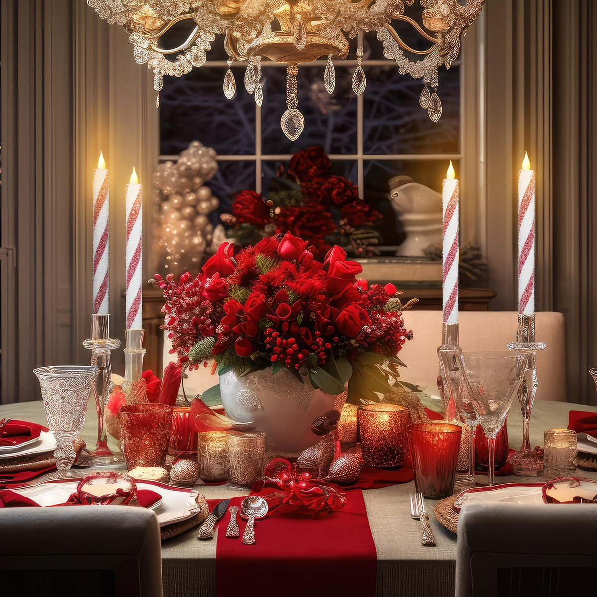Christmas Flickering Flameless Taper Candles - 6PCS Glitter Candy Cane Red and White Stripes Sea Salt Real Wax Battery Operated Candles For Christmas Party Wedding Winter Home Decoration Xmas Decor