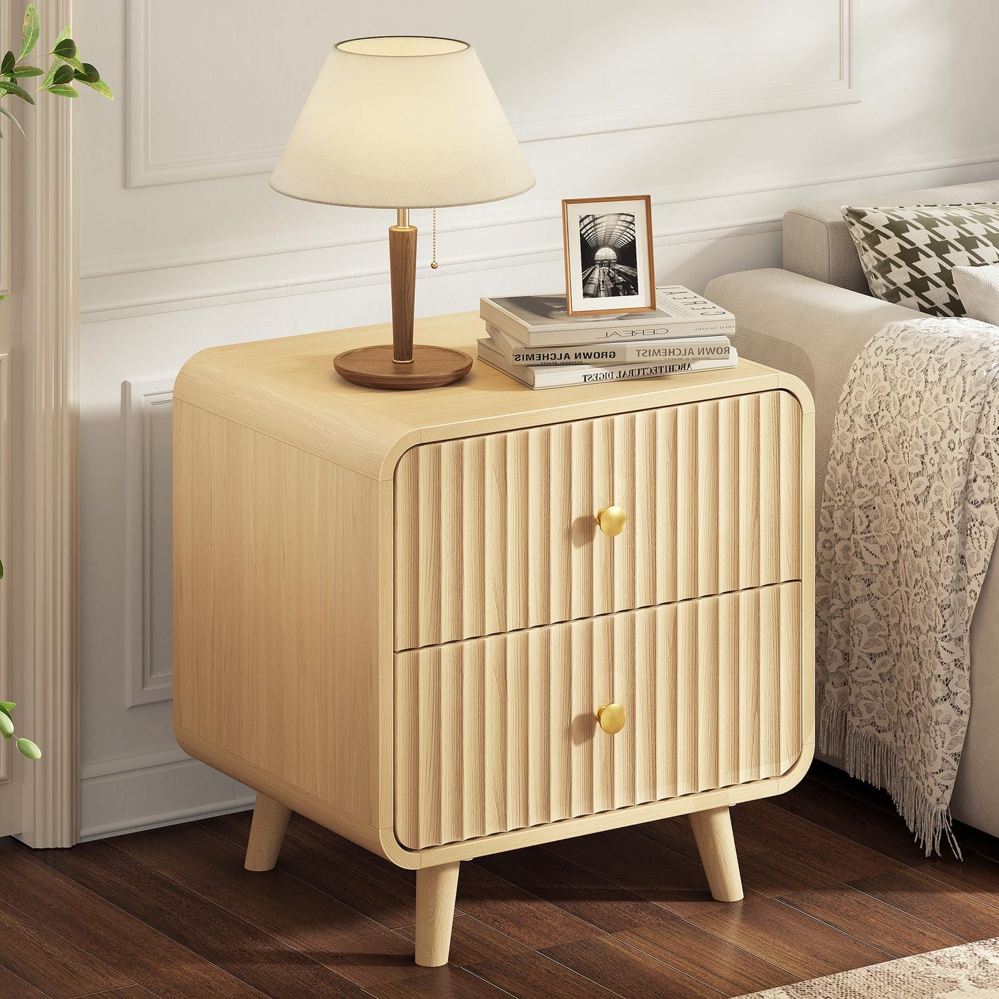 Decofy Fluted Nightstands with 2 Drawers, 19.7'' Wide Wood End Table with Curved Profile Design, Mordern Beside Table with Metal Handle for Bedroom, Oak