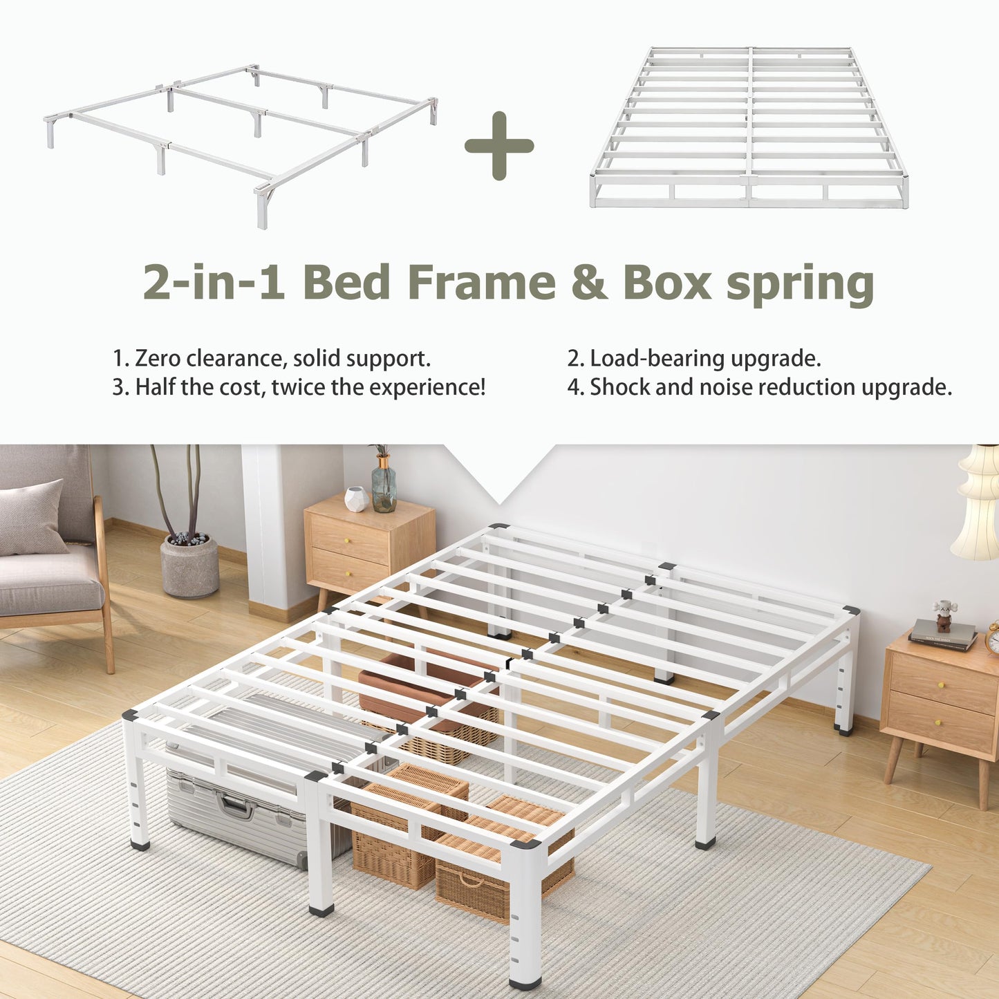 NKZ Full Size Bed Frame 14 Inch, Metal Bed Frame & Box Spring 2 in 1 Platform with Round Corner Legs, 4000lbs Weight Capacity Reinforced Metal Frame, Headboard Hole, Noise-Free, Easy Assembly