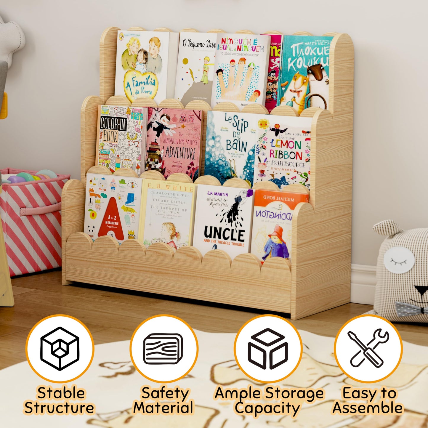 HADAMUYE 3-Tier Kids Bookshelf, Scalloped Montessori Bookshelf for Toddler and Baby, Small Childrens Bookcase, Solid Wood Book Shelf for Kids Room, Nursey, Playroom and Classroom, Natural