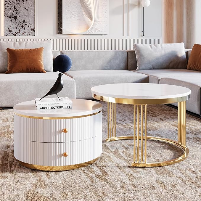 Modern 2 Pieces White Round Nesting Coffee Table