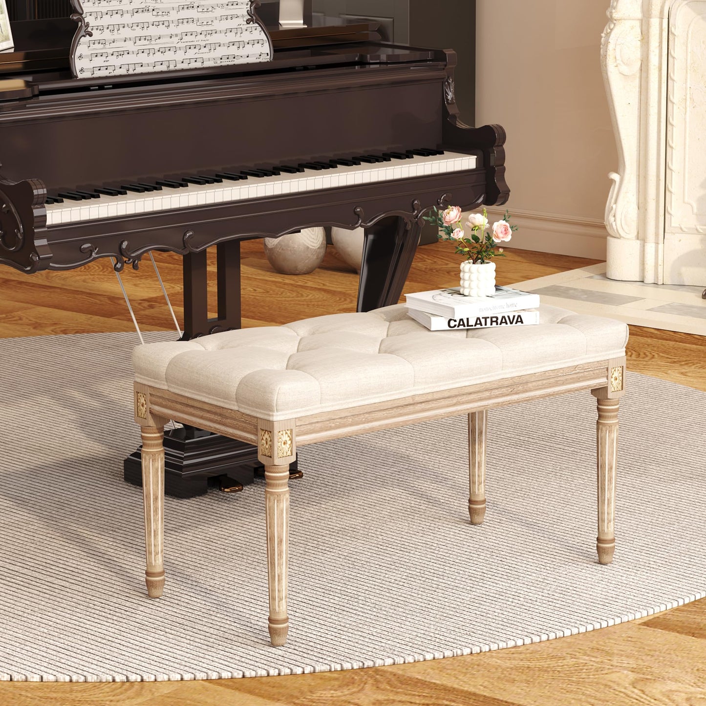 Yusong Upholstered Bench, Bedroom Bench for End of Bed, Piano Bench with Button Tufted Padded Seat for Living Room, Dining, Entryway, Shoe, Vanity Foot-Stool with Carved Wood Legs, Beige