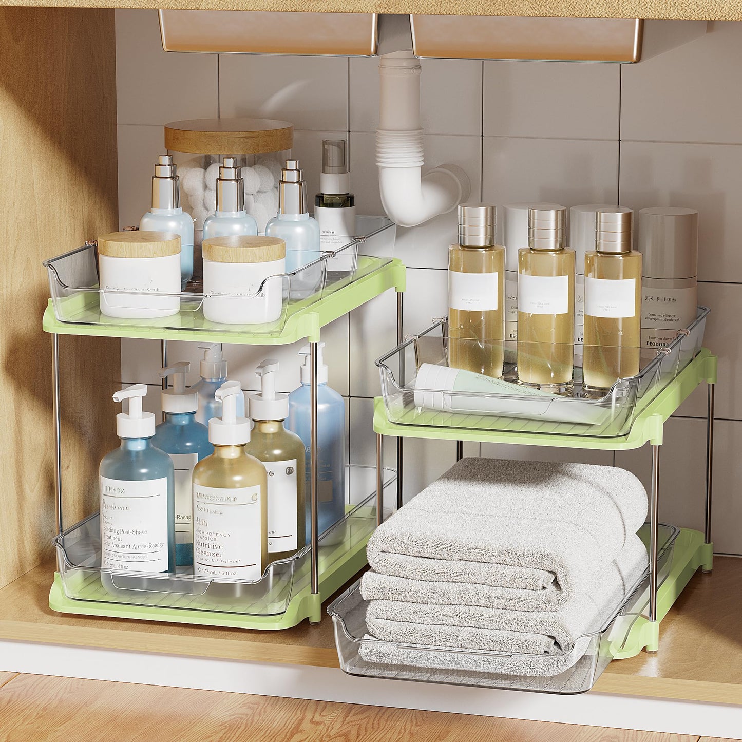 Delamu 2-Tier Multi-Purpose Bathroom Under Sink Organizers and Storage, Stackable Kitchen Pantry Organization, Pull Out Medicine Cabinet Organizer with Movable Dividers, Green, 2 Pack
